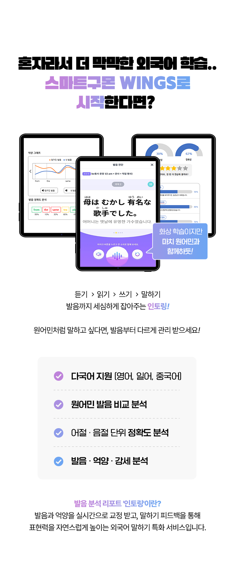 혼자라서 더 막막한 외국어 학습..스마트구몬 WINGS로 시작한다면? 듣기,읽기, 쓰기, 말하기 발음까지 세심하게 잡아주는 인토링!